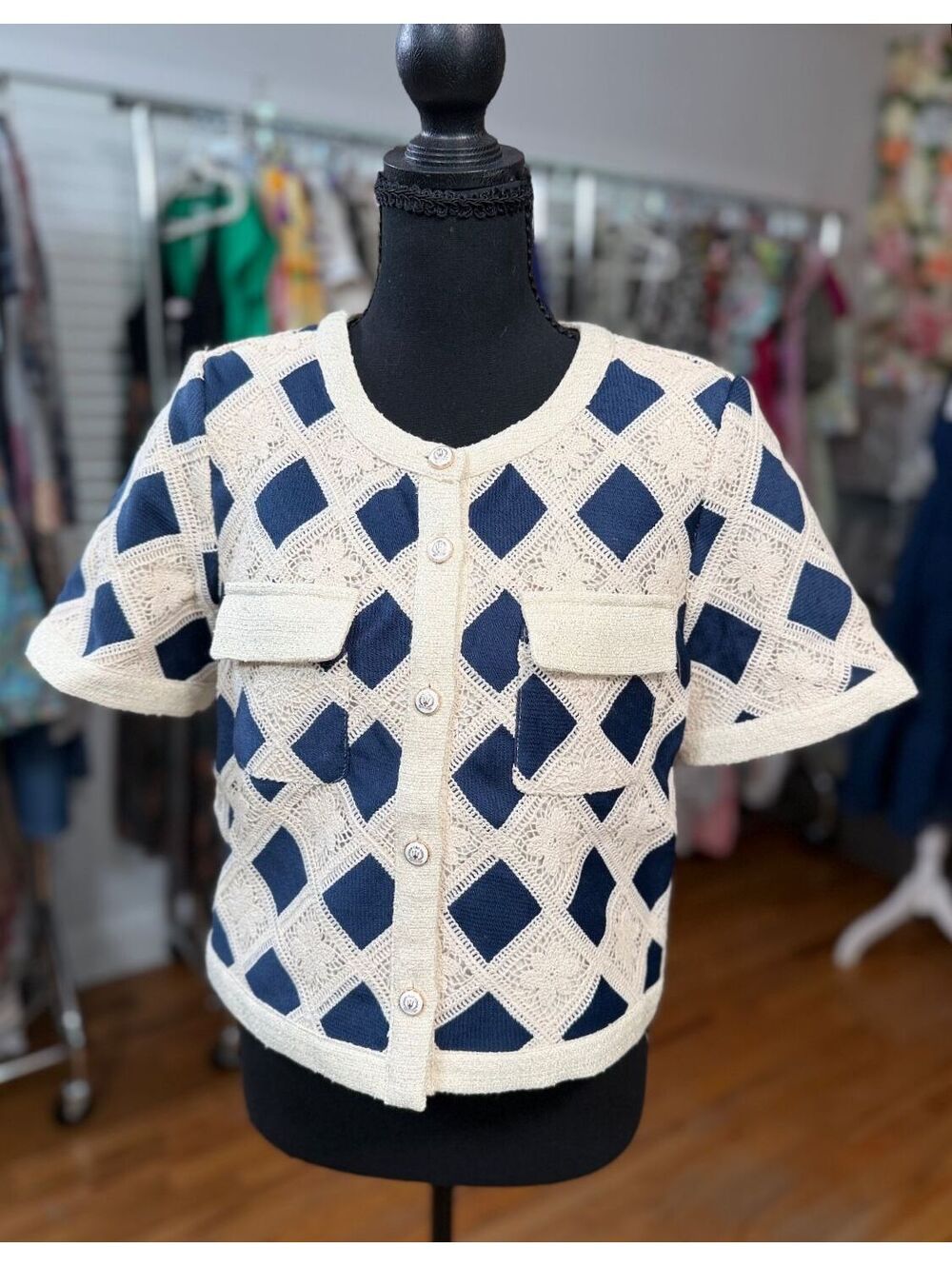 CURRENT AIR Crochet Diamond Short Sleeve Jacket Cream Navy NWT Medium